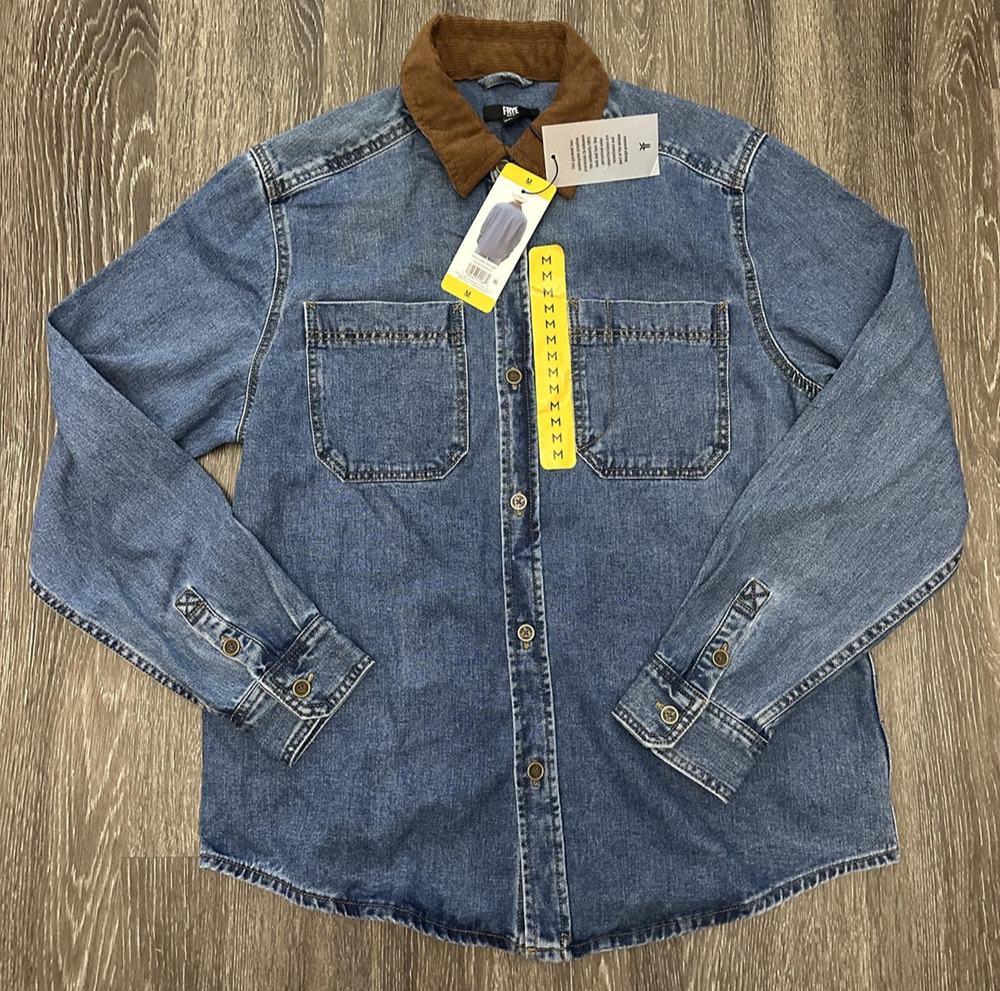 Frye Barn Shacket Jacket Mens Medium Blue Denim Corduroy Collar Button Pockets